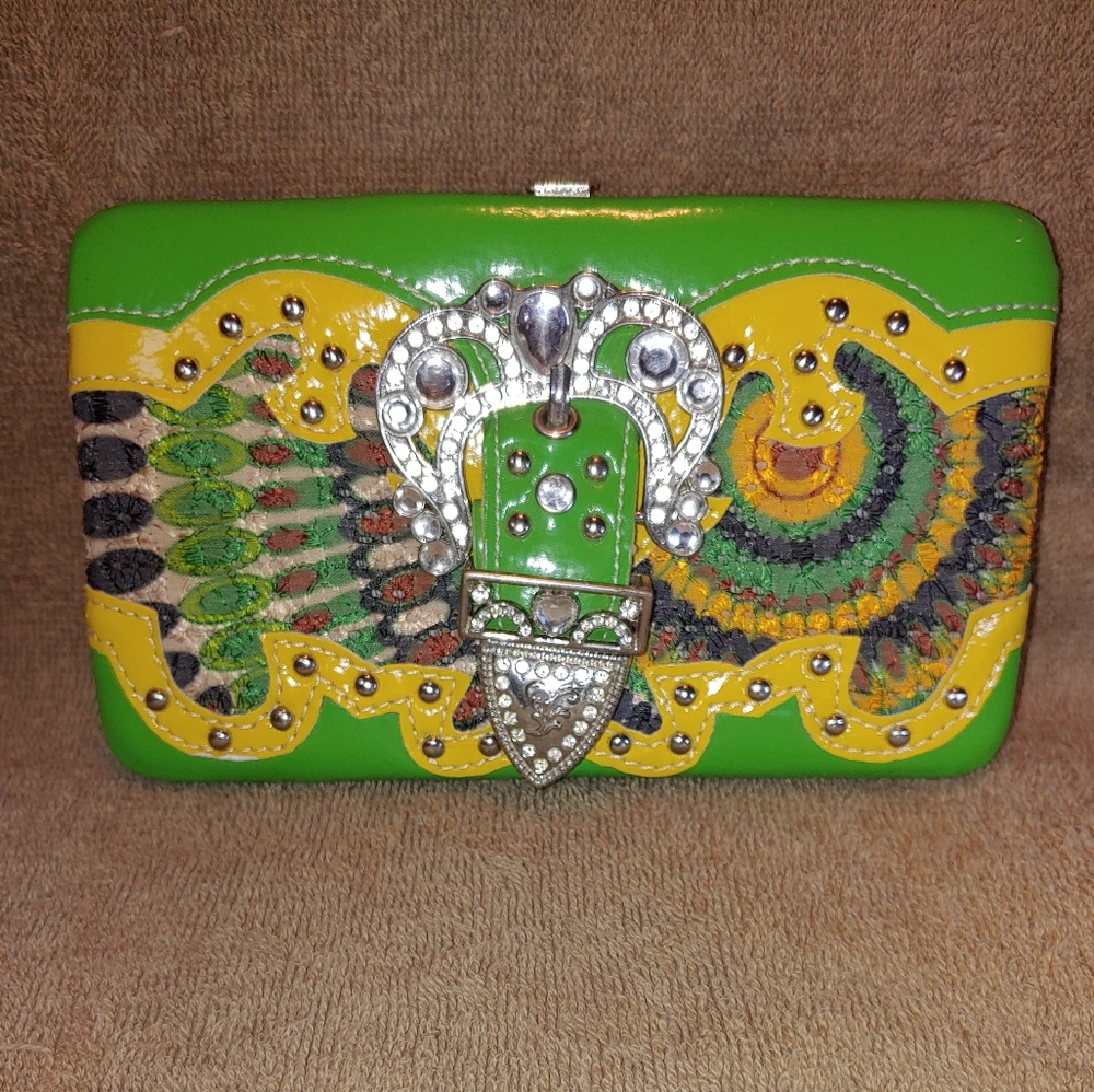 Green & Yellow Rhinestone Buckle Clasp Wallet